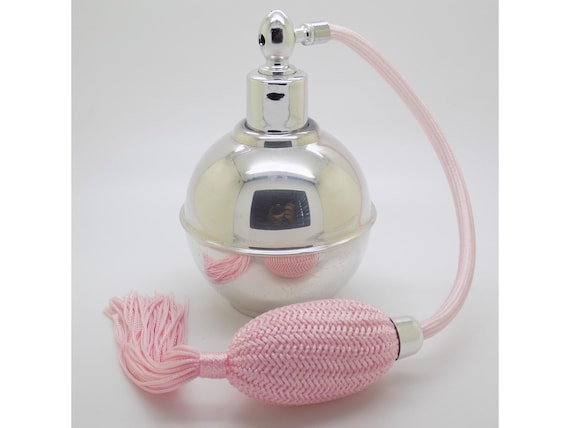 Vintage 1980s/1990s Solid Silver and Glass Perfume Bottle with Pink Pompom Pump, Dressing Table Style, AGP Silversmiths, Florence, Tuscany, H11cm