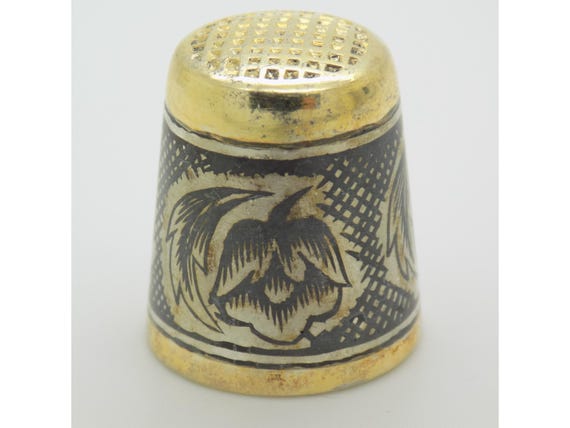 Solid Silver 875 Vermeil and Niello Thimble USSR Veliky Ustyug Severnaya Niello Vintage 1979 7g