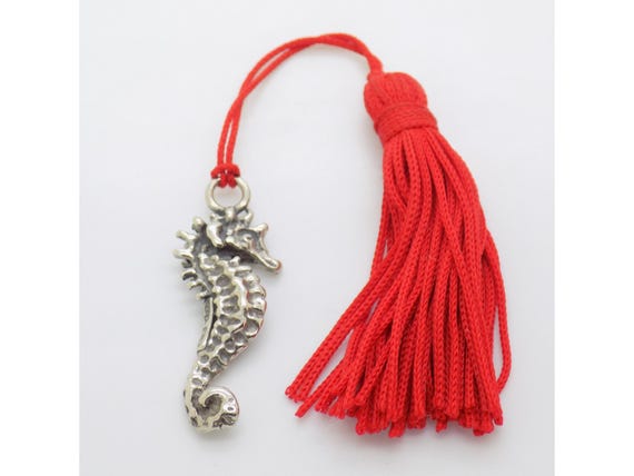 Italian 800 Sterling Silver Seahorse Pendant with Red Tassel, Vintage 1970s Marine Sculpture, 4g