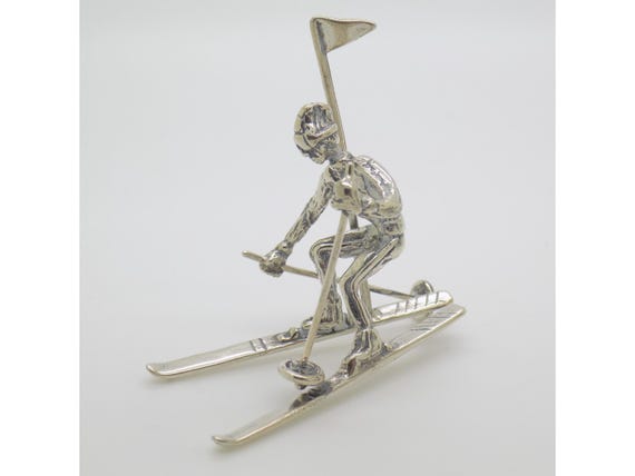 Miniature Slalom Skier in Solid Silver 800 Arezzo Italy Vintage Winter Sports Figurine 1970s 1980s 17g