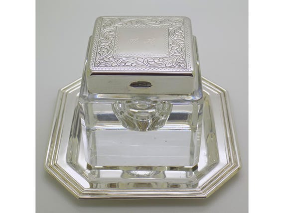 Solid Silver Glass Inkwell 800 Square Tray Engraved AA Silverware Vintage Desk Item 1970s 1980s Mario Gioielli Prato Tuscany Original Box