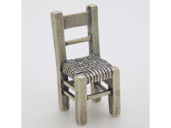 Solid Silver Straw Kitchen Chair Arezzo Italy Rustic Miniature Dollhouse Figurine Vintage 1980s 1990s Handmade