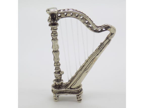 800 Sterling Silver Harp from Arezzo, Italy - Miniature Figurine for Dollhouse - Vintage Musical Instrument from the 1980s/1990s - 10g Nylon Strings