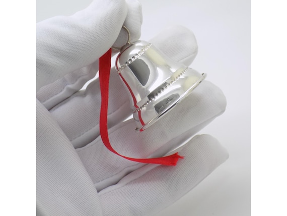 Christmas Bell Decoration in Solid 925 Sterling Silver, Florence, Italy, Tree Ornament, Red Ribbon, Vintage 1980s-1990s, Handmade, 4g