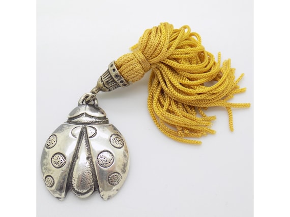 Ladybug Pendant in Solid 925 Sterling Silver, Italy, Large Lucky Charm, Pompom, Mustard, Vintage 1980s-1990s, 8g