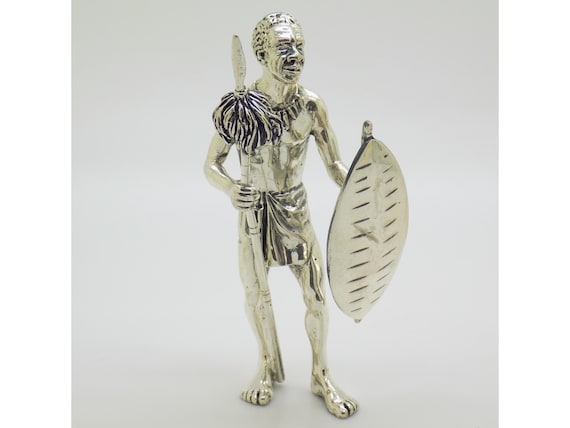 Large Zulu Warrior Figurine, Solid Silver 800, Angini Arezzo, Vintage Ethnographic Sculpture, 1970s-1980s, Tuscan Silversmithing, 99.8g