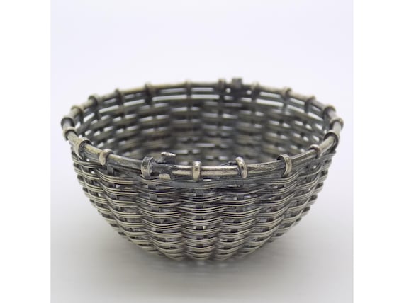 Miniature Woven Silver Basket, 800 Sterling Silver, Handmade, for Dollhouse, Italy, Vintage Collectible Decorative Item