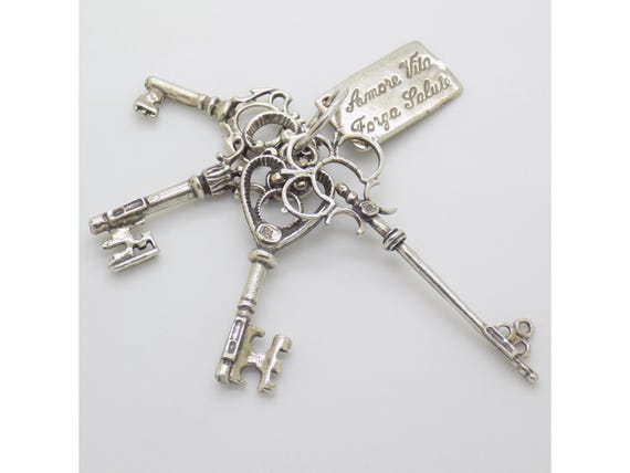 Keys to Happiness in 800 Sterling Silver, Arezzo, Italy. Set of 4 Engraved Keys, Actual Size, Amore Vita Forza Salute, Vintage 1980s, 22g