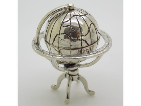 Miniature Rotating Globe in Solid 800 Silver, Arezzo, Italy, Vintage Dollhouse World Map, 1980s-1990s, 21g
