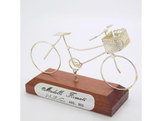 Bicycle Figurine with Basket in Solid 925 Sterling Silver & Wooden Base NFC Florence Miniature Cycling Vintage Gift 80s