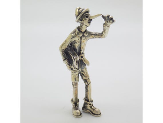 Pinocchio Goes to School Figurine with Books in Solid Silver 800 Arezzo Tuscany Italy Vintage Literary Miniature Sculpture