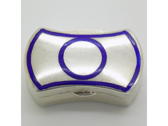 Vintage 1950s-1960s Florentine Silverware Hourglass-Shaped Pill Box, Blue Enamel, 800g, Florentine Bow Tie Design, 19.1g