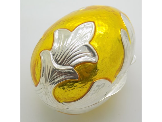 Solid Silver 925 Egg Box and Yellow Enamel Florence Italy Vintage Storage Box 1980s-1990s 37g