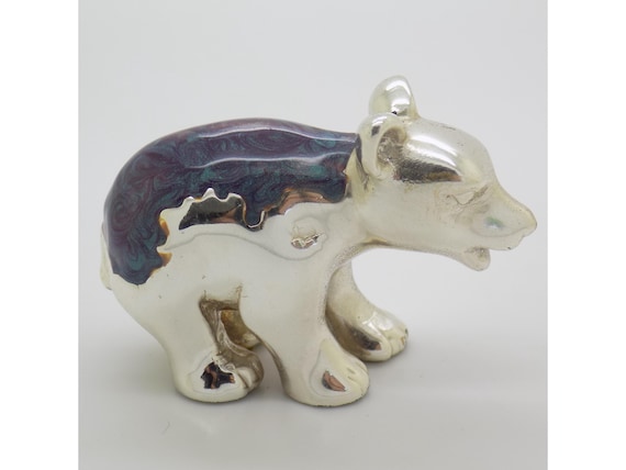 925 Sterling Silver Teddy Bear with Purple Enamel, Ottaviani Rome Italy, Vintage Miniature Animal Figurine, 1980s-1990s, Label, 13g