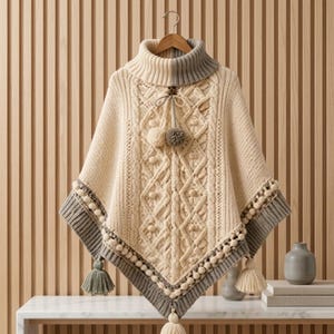 Op de afbeelding: Een crème en grijze gebreide poncho met een hoge col, ingewikkelde kabelbreipatronen en kleine pomponaccenten langs de zoom. Het kledingstuk heeft een trekkoord met twee pompons bij de hals en drie grote kwastjes aan de onderkant.