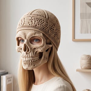 May include: A beige crochet skull mask and matching beanie set. The mask features intricate, realistic anatomical details of a human skull, including teeth and eye sockets, crafted from fine yarn. The beanie has a textured, geometric pattern.