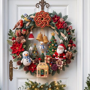 Mönster för virkad krans i skogsmark, jul, amigurumi, jultomte, snögubbe, juldekoration, PDF