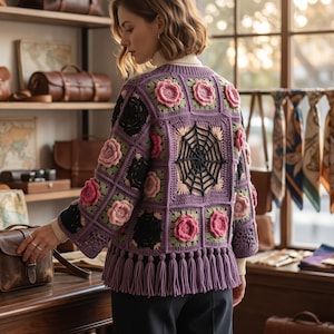 May include: A purple crochet cardigan featuring a central black spiderweb motif surrounded by pink and purple floral squares, finished with a long fringe hem. The garment is worn over a cream turtleneck and dark trousers, showcasing intricate yarn work.