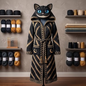 Puede incluir: Una bata larga negra con capucha en forma de gato, grandes ojos azules y una amplia sonrisa. La bata presenta patrones geométricos dorados, un cinturón con borlas y dos bolsillos bordados con lunas crecientes y estrellas doradas.