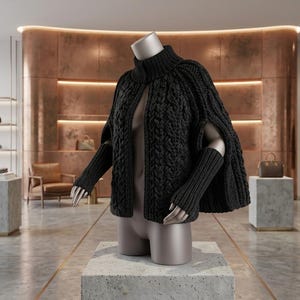 May include: A black cable-knit cape with a high ribbed collar and matching ribbed arm warmers. The garment features an open front design with intricate vertical braided patterns throughout the knit, providing a textured appearance on the mannequin.