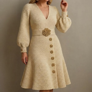 Peut inclure: Une robe en crochet couleur crème dotée d'un décolleté en V profond, de manches longues bouffantes avec poignets resserrés et d'une jupe évasée. La robe comprend une ceinture assortie avec une grande boucle florale et des boutons ronds.