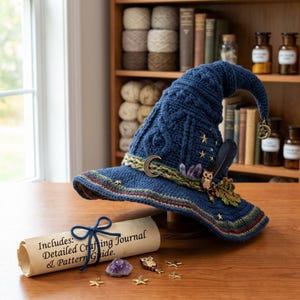 May include: A dark blue crocheted pointed hat featuring a textured cable knit pattern, adorned with small gold star charms, a crescent moon charm, a small owl charm, a dark feather, and purple crystal accents. A rolled paper scroll tied with blue yarn reads: Includes: Detailed Crafting Journal & Pattern Guide.