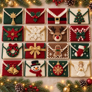 May include: A collection of sixteen rectangular crochet envelopes featuring various Christmas designs including a Santa suit, reindeer, gingerbread man, snowman, angel, Christmas tree, wreath, candy canes, poinsettia, and snowflake motifs.