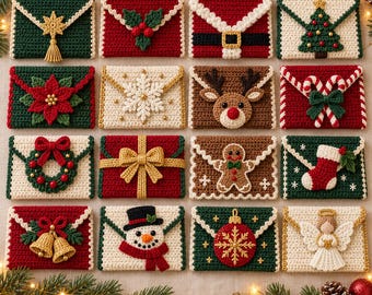 May include: A collection of sixteen rectangular crochet envelopes featuring various Christmas designs including a Santa suit, reindeer, gingerbread man, snowman, angel, Christmas tree, wreath, candy canes, poinsettia, and snowflake motifs.