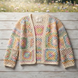 Puede incluir: Un cárdigan de manga larga hecho de hilo color crema con un mosaico de cuadrados de ganchillo multicolores en tonos pastel de rosa, amarillo, azul y verde. La prenda tiene la parte delantera abierta y un patrón de punto de red.
