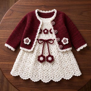 May include: A two-piece crochet set consisting of a long-sleeved, deep burgundy cardigan with white scalloped trim and a white sleeveless dress. The dress features a delicate fan-stitch pattern, a burgundy waist tie, and burgundy flower accents.