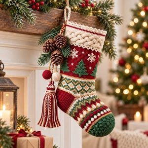 May include: A red and green crocheted Christmas stocking featuring a white braided cuff, embroidered snowflakes, and green pine tree motifs. It is decorated with a cluster of three brown pinecones and a large, multi-coloured yarn tassel.