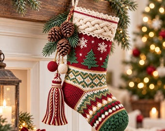 May include: A red and green crocheted Christmas stocking featuring a white braided cuff, embroidered snowflakes, and green pine tree motifs. It is decorated with a cluster of three brown pinecones and a large, multi-colored yarn tassel.