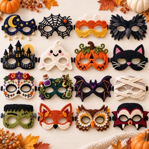May include: A collection of sixteen crocheted Halloween masks featuring various designs including a moon and stars, spider web, candy corn, raven, haunted house, ghost, pumpkin, black cat, sugar skull, forest, bat, mummy, Frankenstein, fox, owl, and vampire.