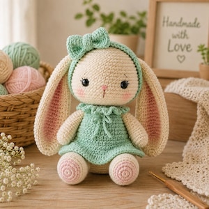 Puede incluir: Un conejo de peluche tejido a ganchillo en hilo color crema, con orejas largas con detalles interiores rosas y un vestido verde menta con diadema y lazo a juego. El conejo tiene ojos negros, una nariz rosa bordada y mejillas rosadas.