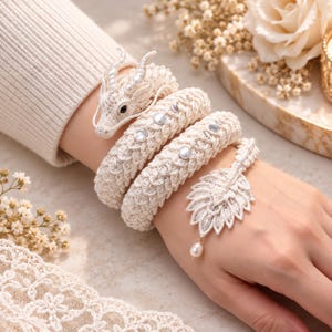 White Dragon Bracelet Crochet Pattern PDF Wearable Amigurumi Jewelry Adjustable Fantasy Digital Download Tutorial