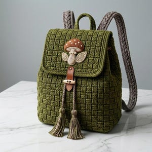 May include: A woven olive green backpack featuring a crocheted mushroom appliqué on the front flap. The bag includes a brown leather-like strap with a wooden toggle closure, two braided gray shoulder straps, and two decorative tassels at the base.