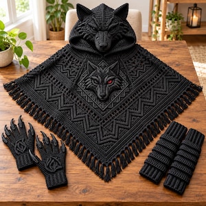 Puede incluir: Un poncho negro de ganchillo con capucha que presenta una cabeza de lobo tridimensional en la capucha y un emblema central de cara de lobo con un ojo rojo. La prenda tiene patrones geométricos, flecos, guantes con garras a juego y calentadores.