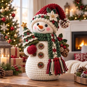 Op de afbeelding: Een gehaakt sneeuwpopfiguur met een rode muts met een witte bloem en een groene sjaal met franjes. De sneeuwpop houdt een kleine gehaakte kerstboom vast en heeft drie bruine knopen met hulstpatronen op het witte lichaam.