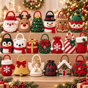 May include: A collection of eighteen small, crocheted Christmas-themed gift bags and pouches. The designs include Santa Claus, a reindeer, a Christmas tree, a snowman, a gingerbread person, an elf, a penguin, a polar bear, a gift, a wreath, a snowflake pouch, candy cane stripes, a stocking, a mitten, a bell, an angel, a plaid pouch, a gingerbread house, and a poinsettia.
