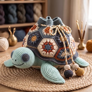 May include: A crochet turtle-shaped drawstring bag featuring a shell constructed from multi-colored hexagonal motifs in shades of blue, cream, and rust. The head and flippers are light blue, and the bag includes a braided cord with decorative beads.
