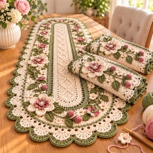 Puede incluir: Un camino de mesa ovalado de ganchillo y dos servilletas plegadas a juego en color crema y verde salvia. El conjunto presenta intrincados motivos florales con pétalos rosas, centros de perlas y hojas verdes. Bordes festoneados.