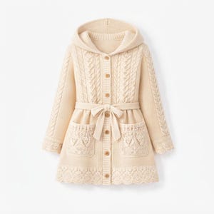 May include: A cream-colored hooded cardigan featuring a cable knit pattern, long sleeves, and a front button closure. The garment includes a matching tie belt at the waist, two front patch pockets with intricate lace detailing, and a scalloped hem.