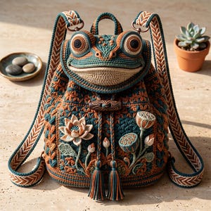 May include: A crochet backpack shaped like a frog with a teal and orange geometric pattern. The bag features a lotus flower and seed pod design, a wooden toggle closure, two braided shoulder straps, and two dangling tassels at the front.
