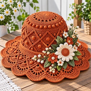 Crochet Sun Hat Pattern PDF, Floral Wide Brim Lattice, Adult Summer Crochet