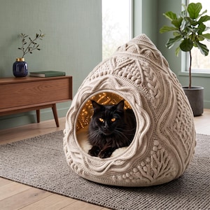 May include: A teardrop-shaped pet bed made of cream-colored knit fabric with intricate cable and bobble textures. The structure features a circular opening with a soft interior, currently occupied by a long-haired black cat with orange eyes.