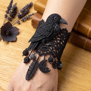 Crochet Raven Bracelet Pattern PDF, Gothic Crow Wrist Cuff, Beaded Feather Jewelry Tutorial
