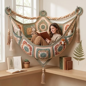 May include: A hanging crochet hammock made of multi-colored granny squares in shades of sage green, cream, and terracotta. The hammock is suspended by thick twisted rope and features decorative tassels, wooden beads, and sturdy circular rings.