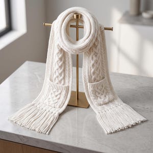 May include: An off-white knitted scarf featuring a prominent cable knit pattern, two integrated pockets on the front ends, and long fringe detailing at the bottom edges. The scarf is draped over a gold-toned metal display stand.