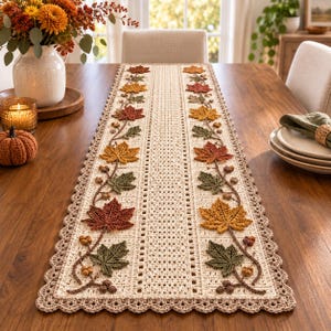 May include: A rectangular crochet table runner in cream with a central perforated pattern. The edges feature a scalloped border and a decorative vine motif with three-dimensional crocheted autumn leaves in shades of red, orange, yellow, and green.