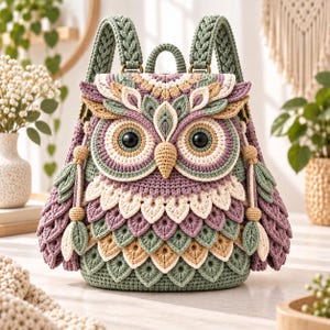 May include: A crochet backpack shaped like an owl, featuring layered feather-like textures in shades of sage green, dusty purple, and cream. The design includes two large circular eyes with black pupils, a pointed beak, and braided shoulder straps.